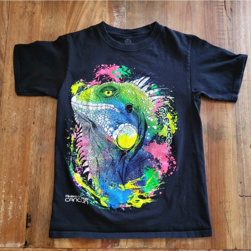 Neon Lizard Mexico Riviera Maya Cancun Short Sleeve Balck Shirt Unisex Small b1